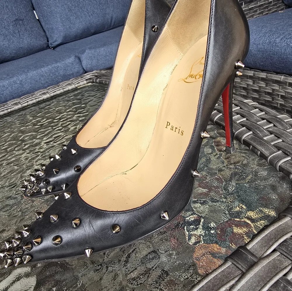 Authentic Christian Louboutin Black Leather Spiked Heels - Picture 8 of 13